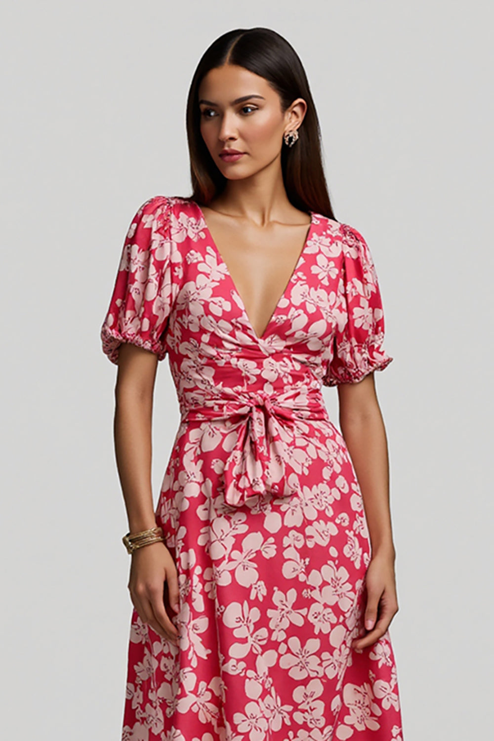 Floral Red V-Neck A Line Maxi Work Dress with Sleeves