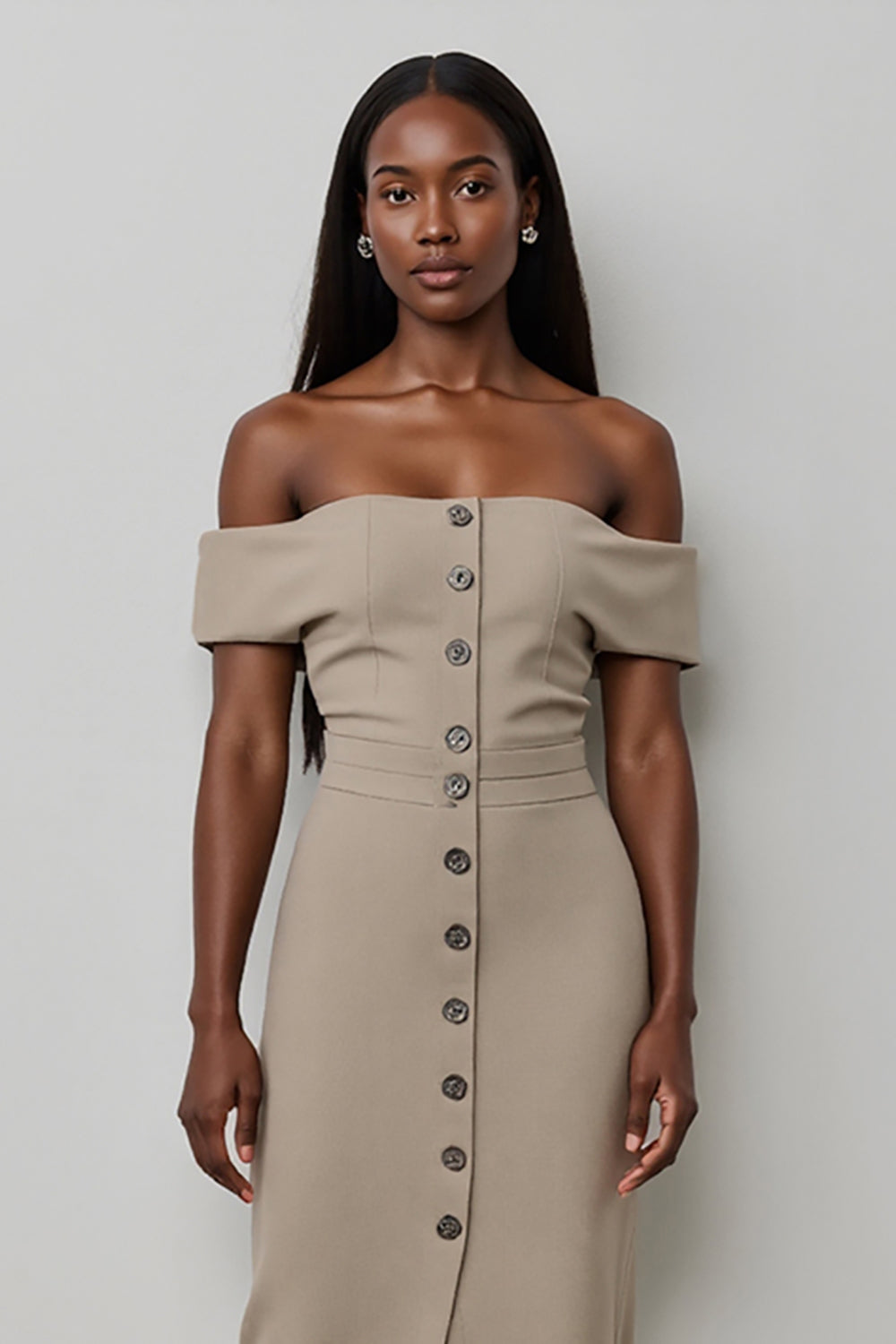 Khaki Satin Single Breasted Off the Shoulder Bodycon Midi Work Dress
