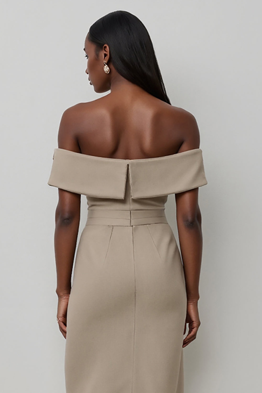 Khaki Satin Single Breasted Off the Shoulder Bodycon Midi Work Dress