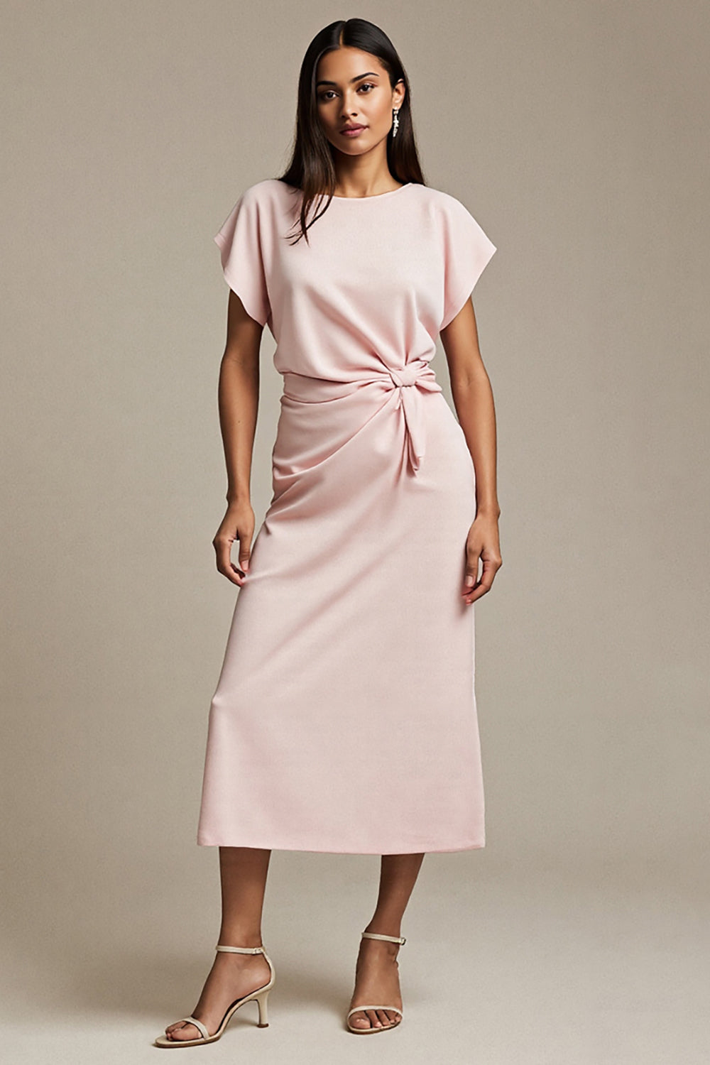 Simple Pink Satin Boat Neck Maxi Ruched Work Dress