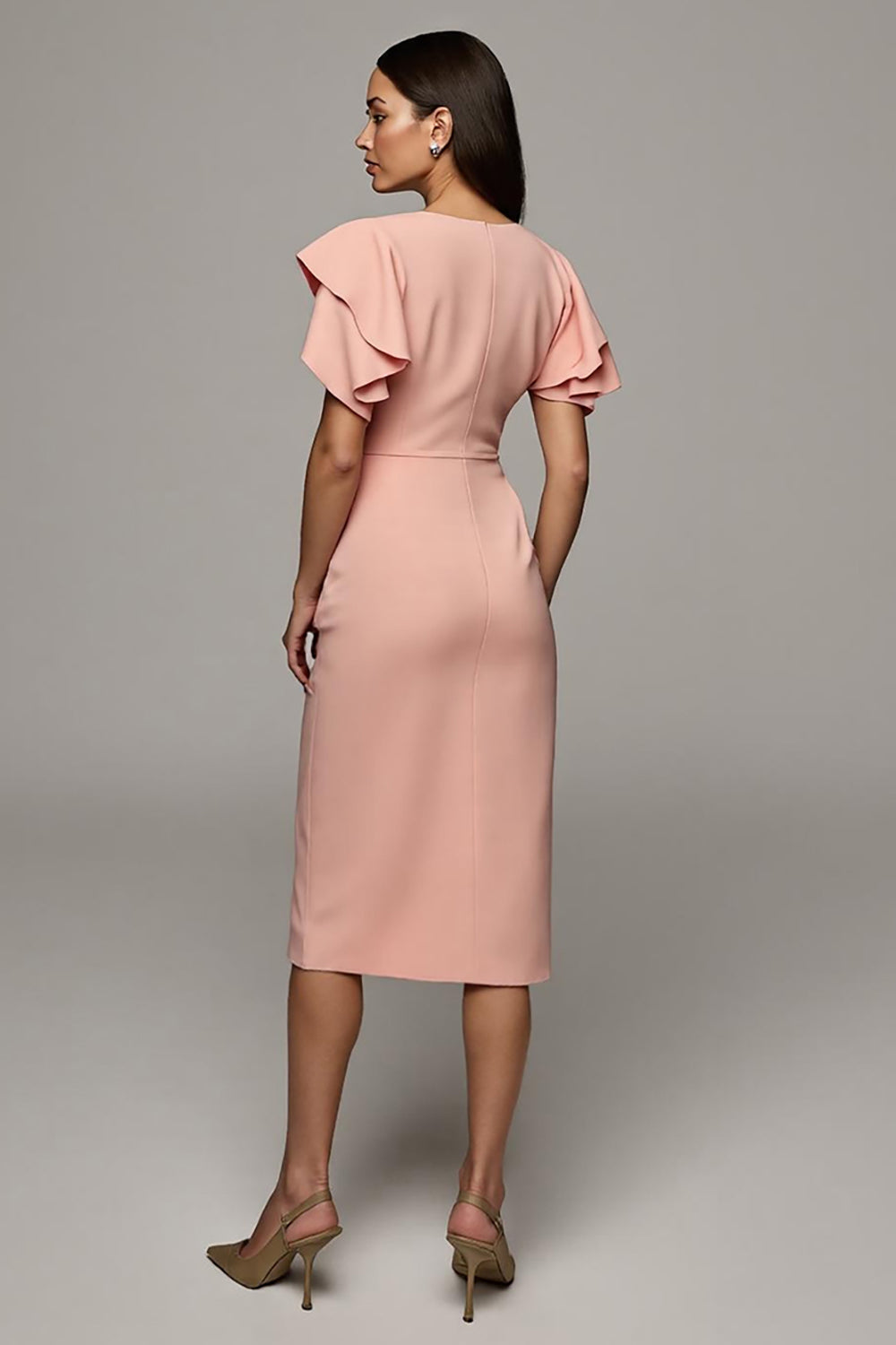 Orange Bodycon Ruffled Round Neck Midi Work Dress with Slit