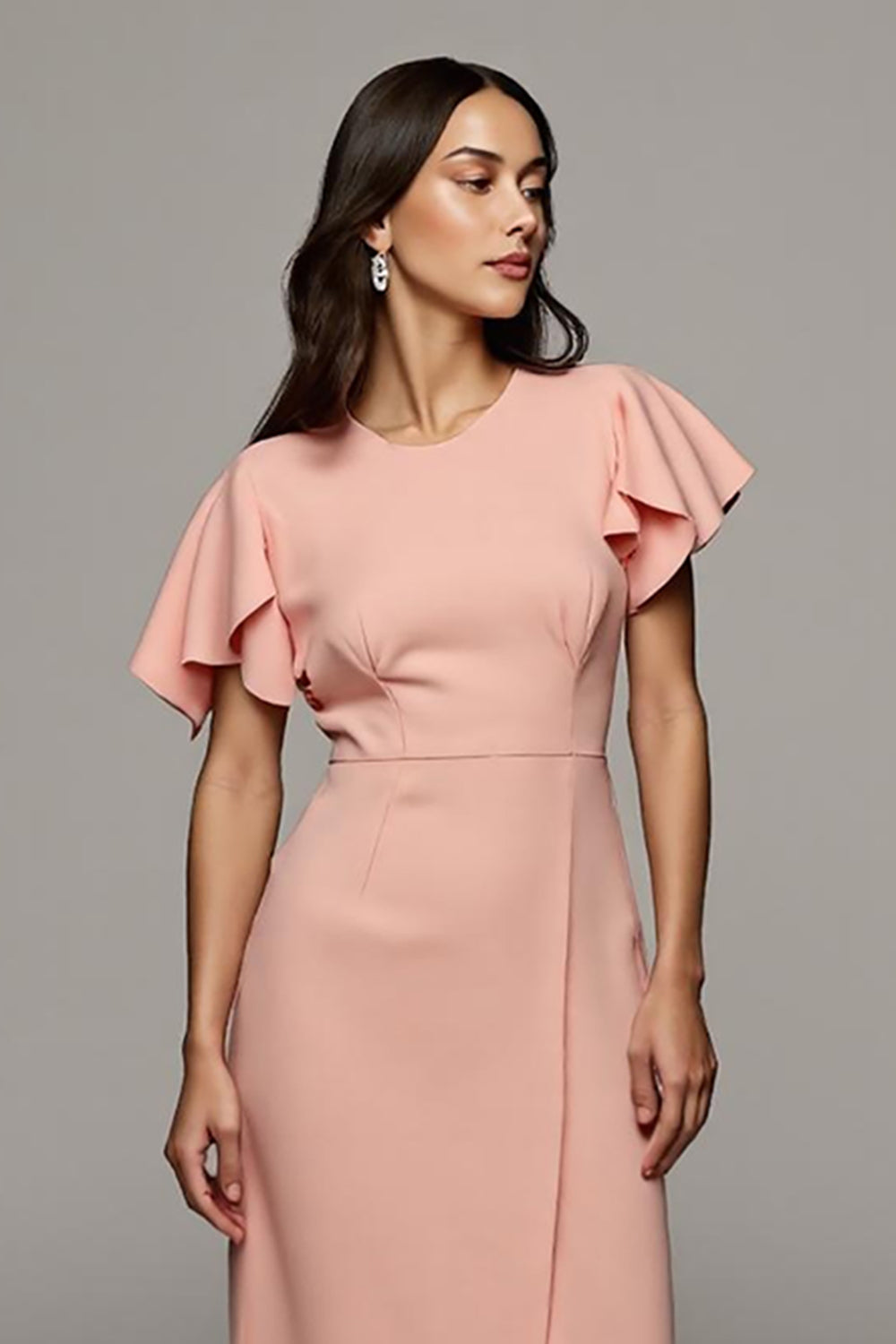 Orange Bodycon Ruffled Round Neck Midi Work Dress with Slit