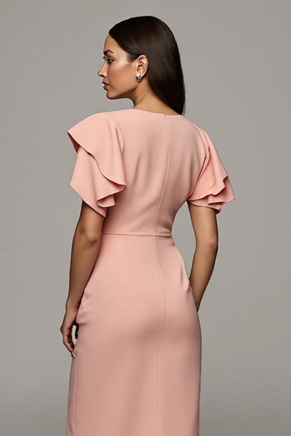 Orange Bodycon Ruffled Round Neck Midi Work Dress with Slit