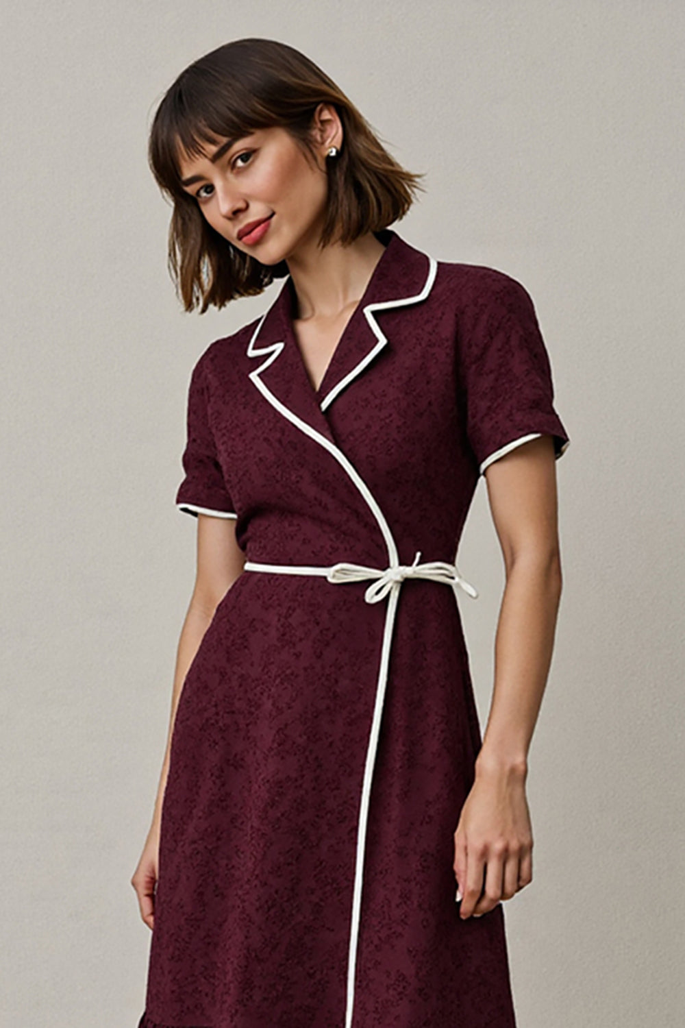 Burgundy Lace Notched Lapel Midi Work Dess with Sleeves