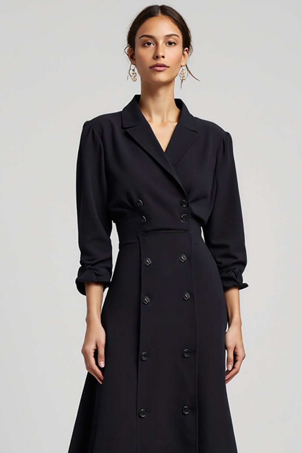 Dresstells Women Navy Maxi Blazer Dress with Sleeves A-Line Coat Dress Notched Lapel Buttons Double Breasted Work Dress
