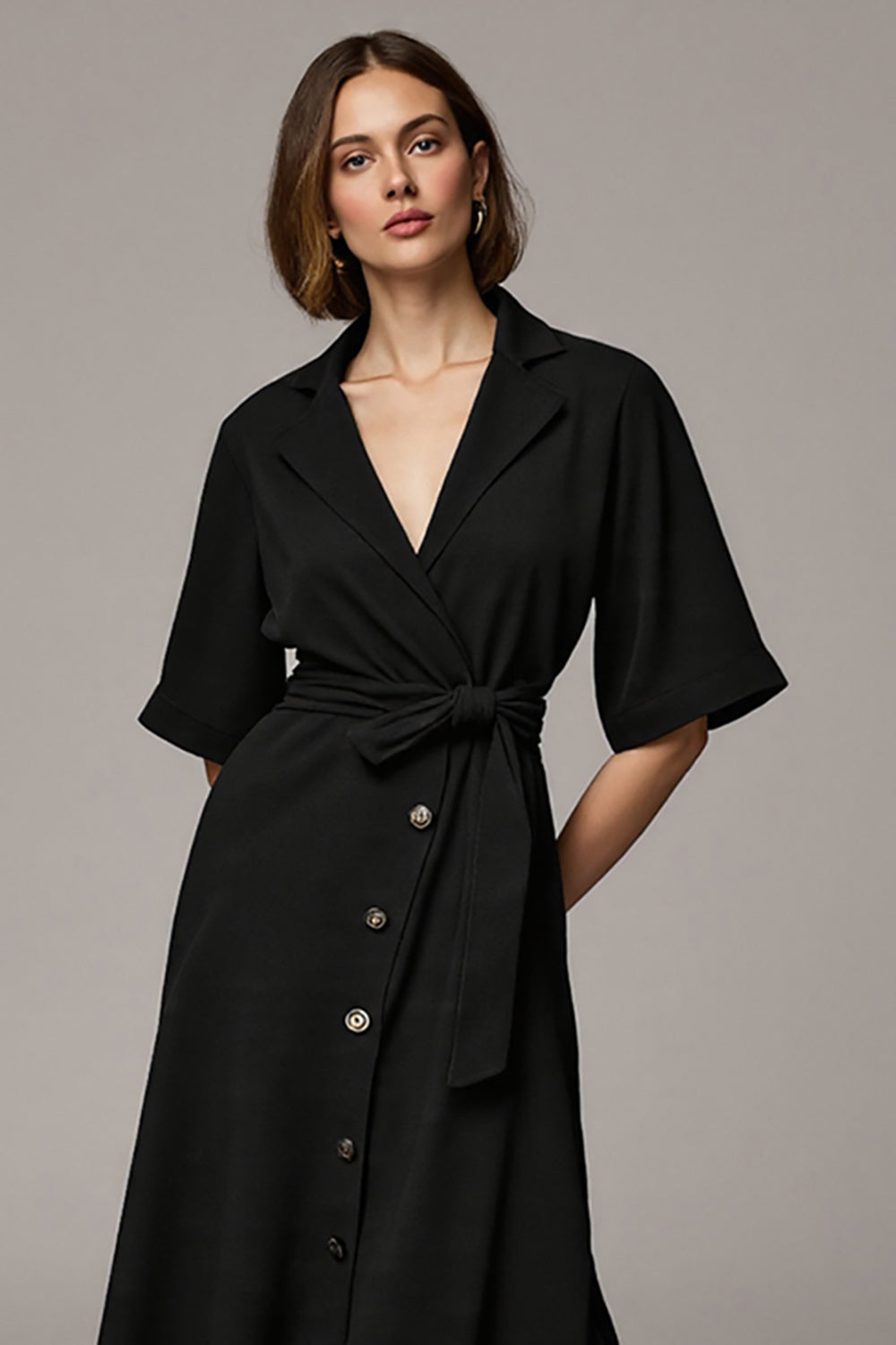 Black A Line Notched Lapel Maxi Blazer Dress with Sleeves