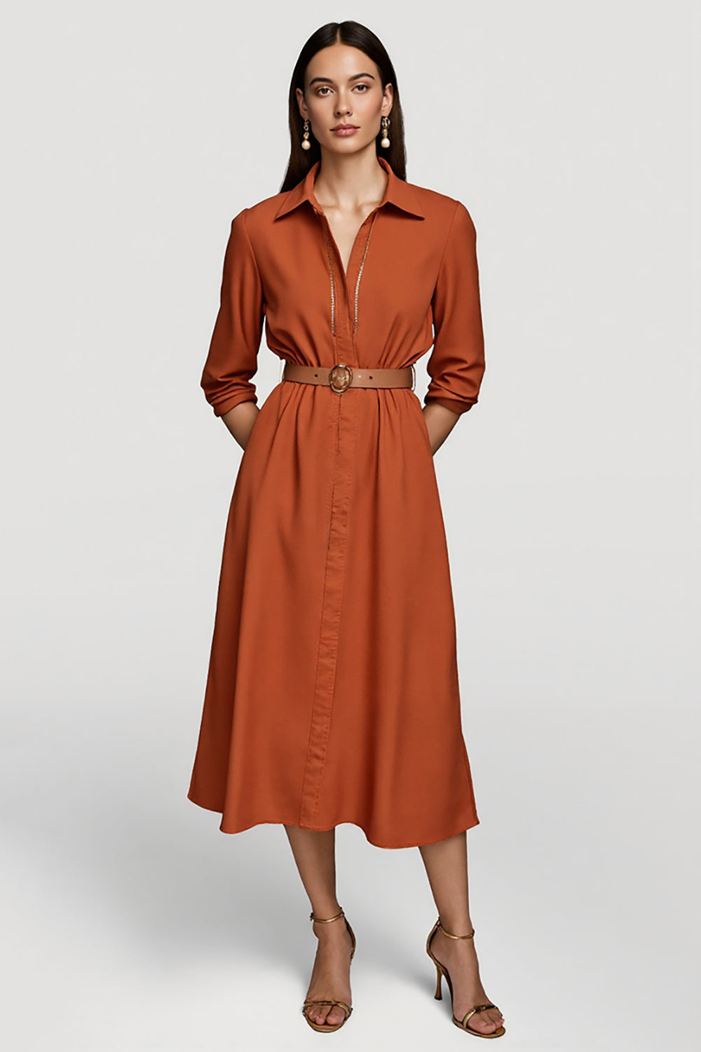 Orange A Line Collar Midi Shirt Work Dress with Belts