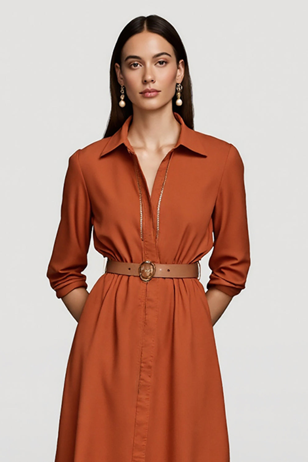 Orange A Line Collar Midi Shirt Work Dress with Belts