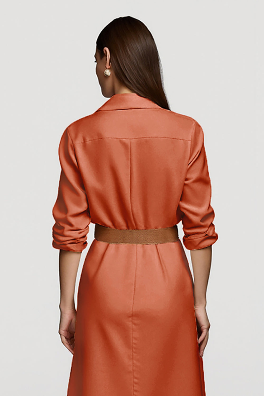 Orange A Line Collar Midi Shirt Work Dress with Belts