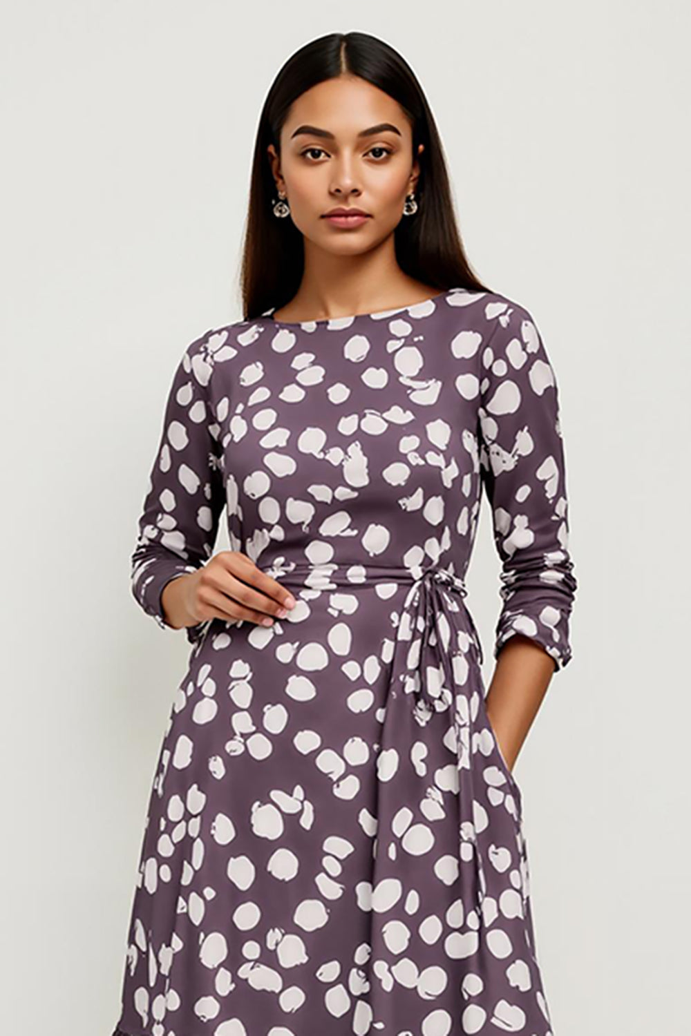 Dark Purple Printed Bateau A Line Midi Work Dress