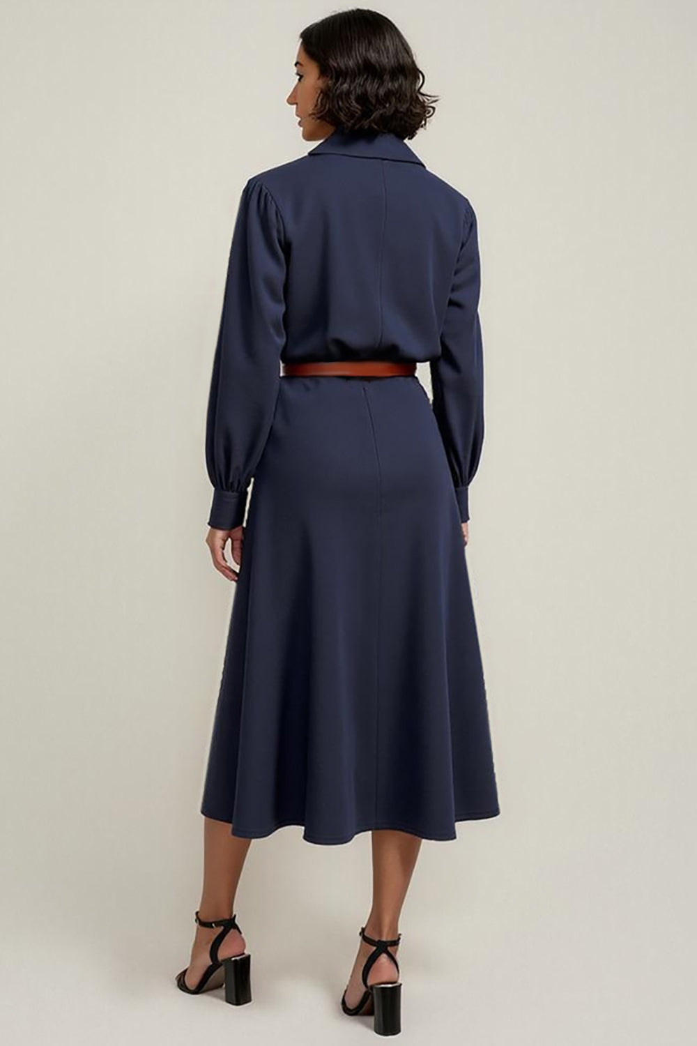 Navy Collar A Line Midi Shirt Work Dress with Long Sleeves