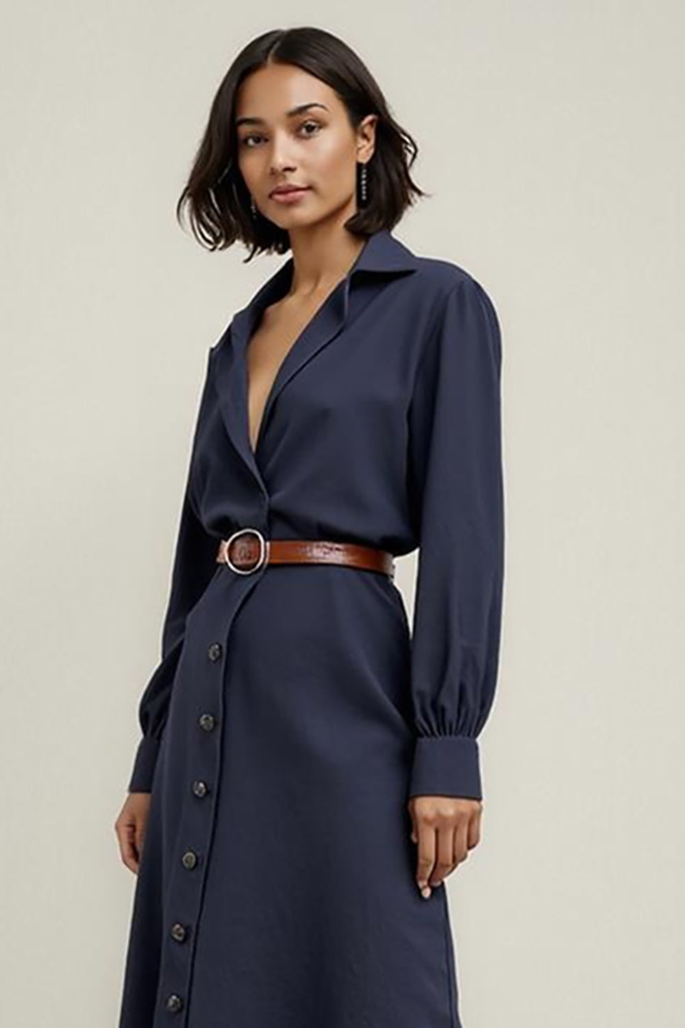 Navy Collar A Line Midi Shirt Work Dress with Long Sleeves