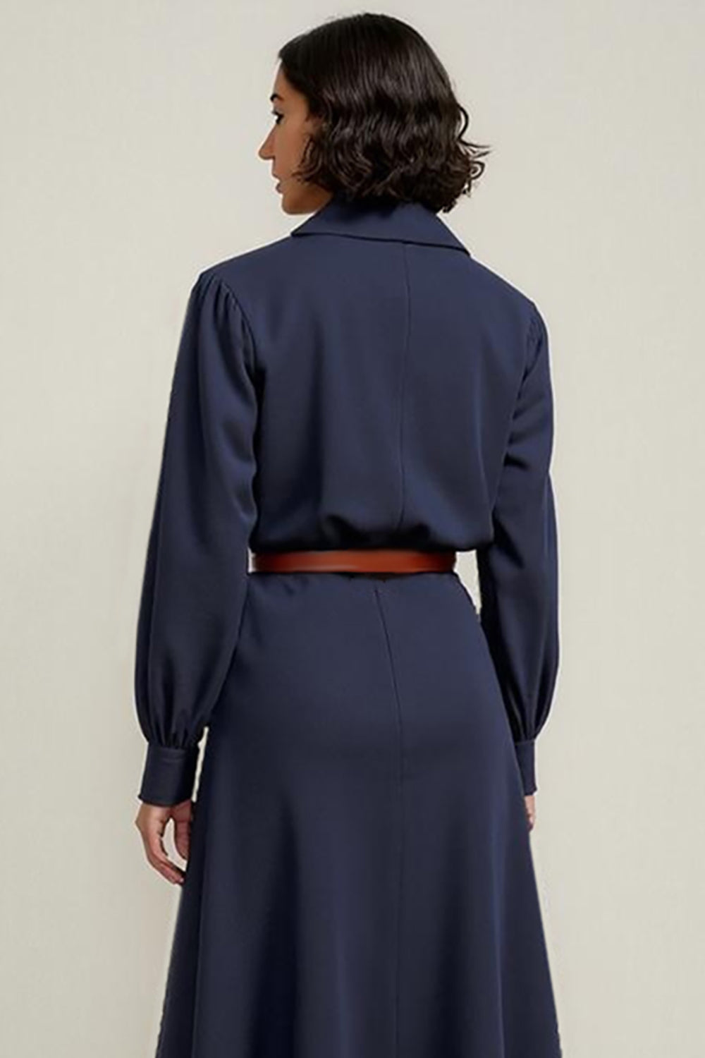 Navy Collar A Line Midi Shirt Work Dress with Long Sleeves