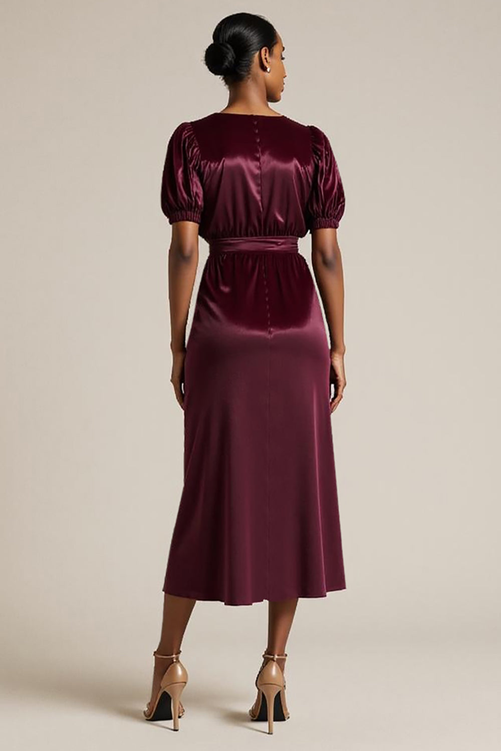Burgundy Bodycon Pencil Midi Work Dress with Puff Sleeves