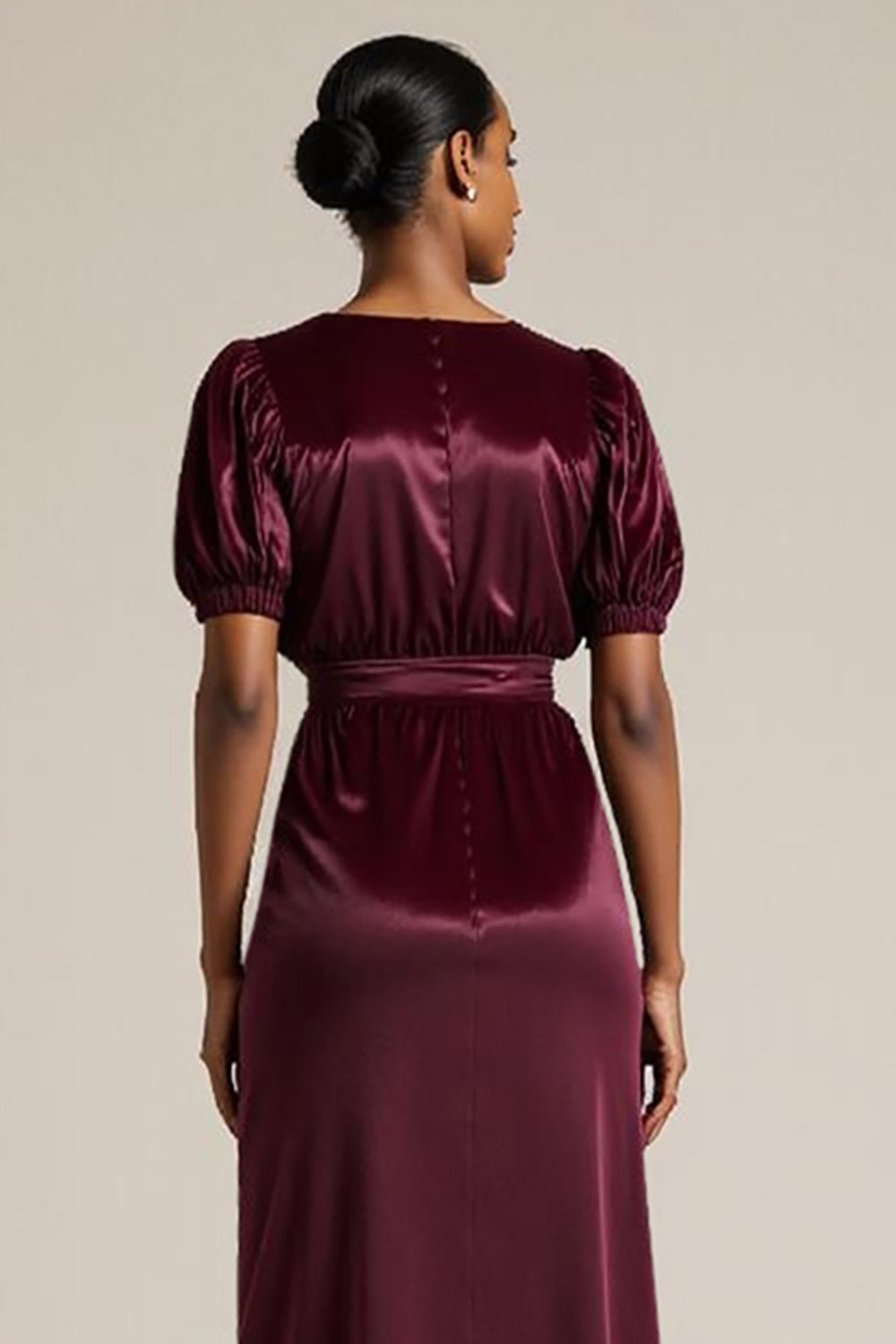 Burgundy Bodycon Pencil Midi Work Dress with Puff Sleeves