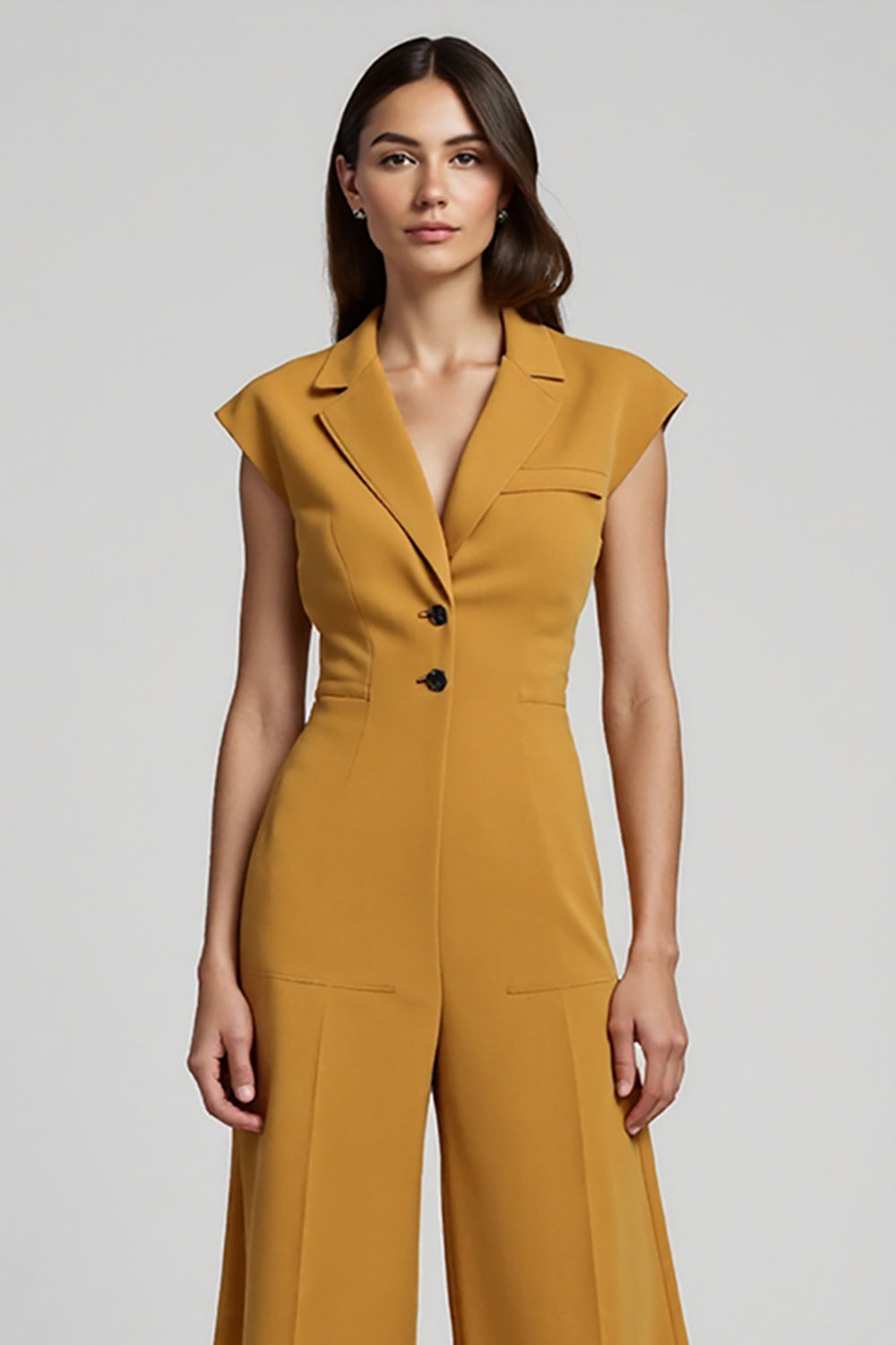 Yellow Notched Lapel Wide Leg Work Jumpsuits