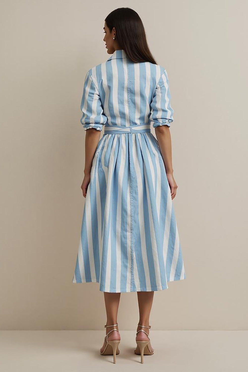 Blue A Line Striped Collar Midi Shirt Work Dress with Sash