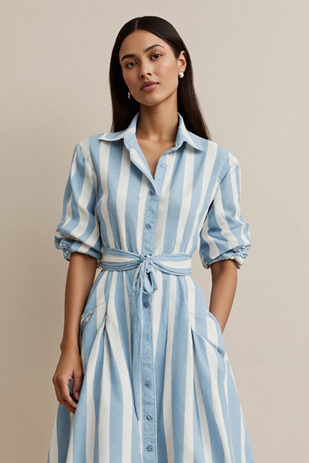 Blue A Line Striped Collar Midi Shirt Work Dress with Sash