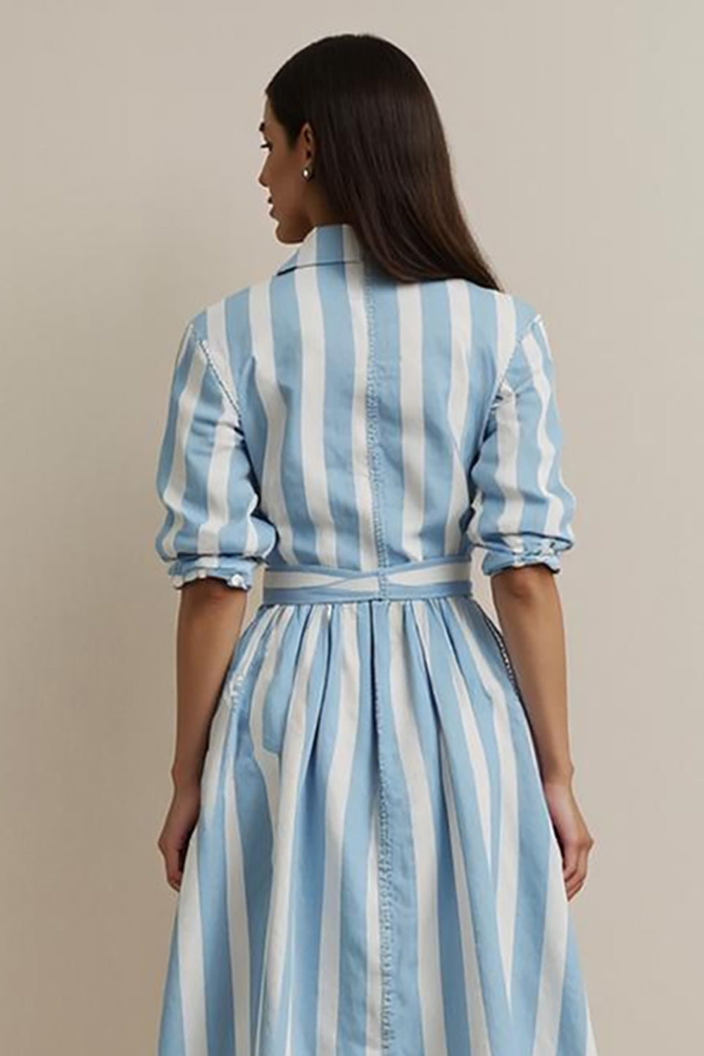Blue A Line Striped Collar Midi Shirt Work Dress with Sash