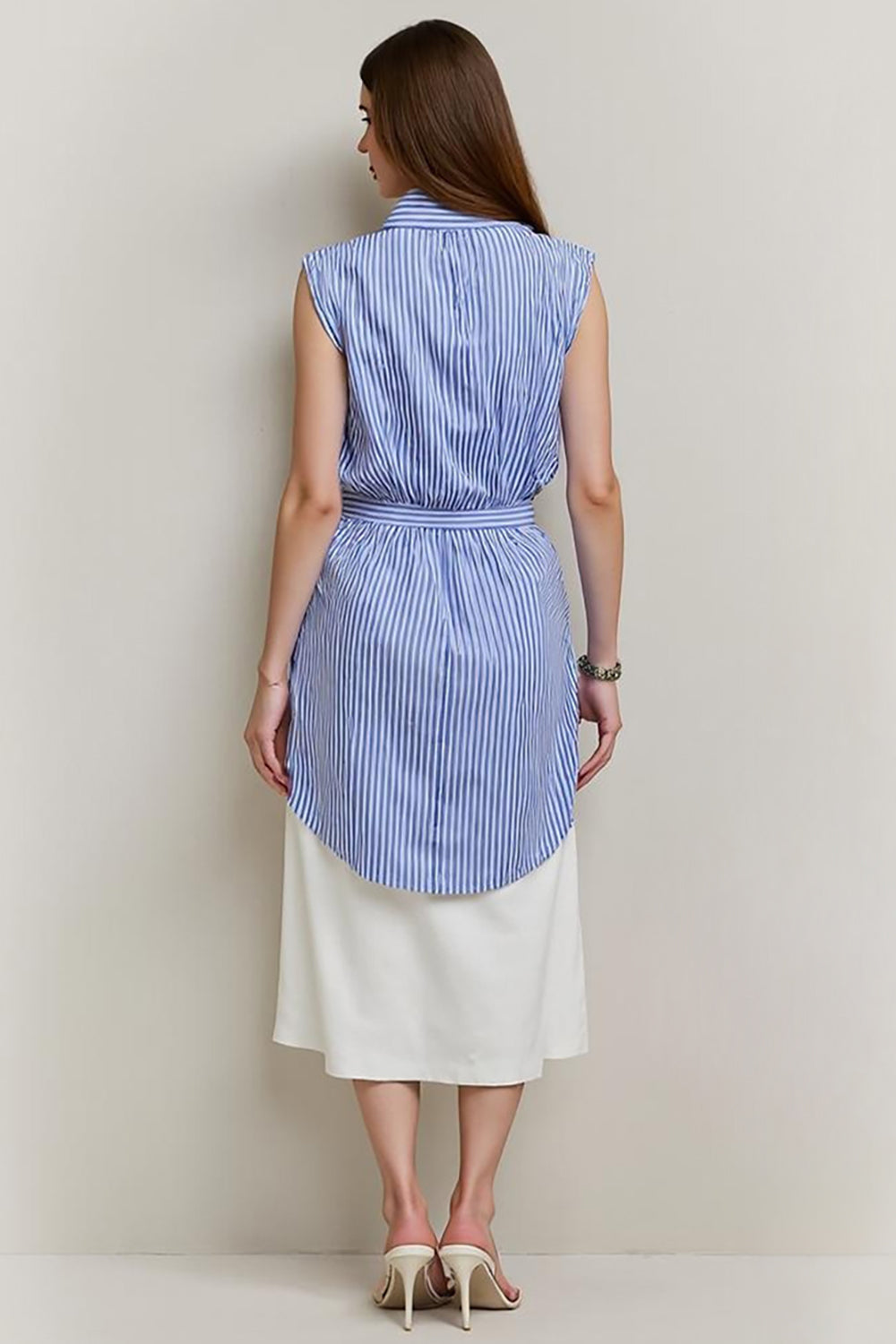 Blue Striped Bows 2 Piece Midi Blouses and Skirt with Slit