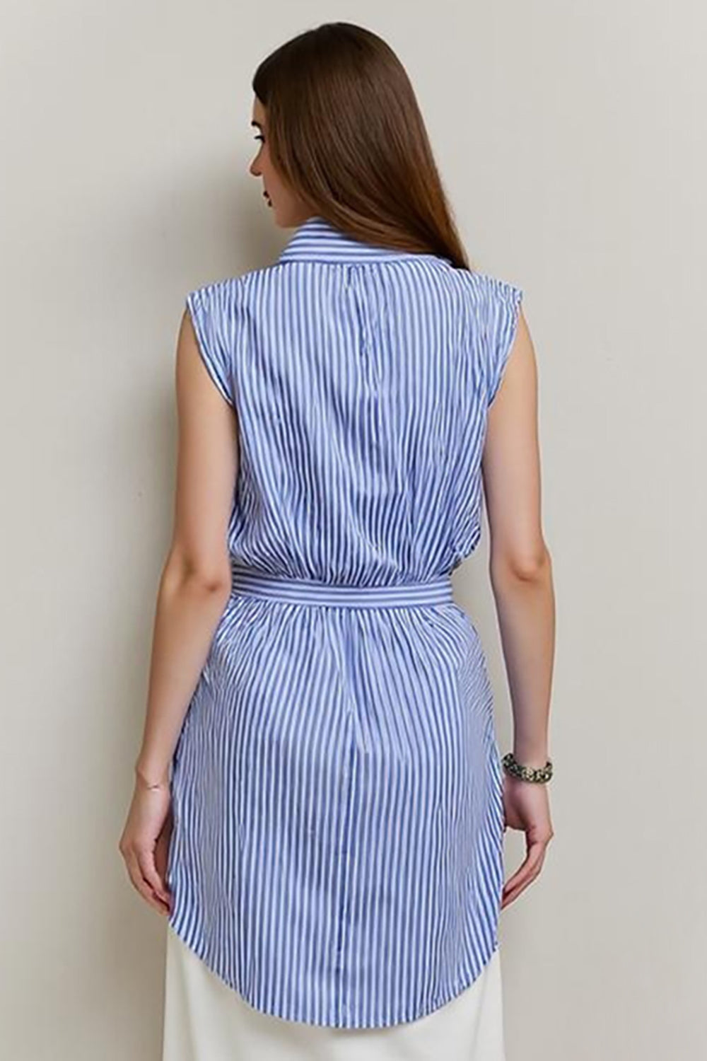 Blue Striped Bows 2 Piece Midi Blouses and Skirt with Slit