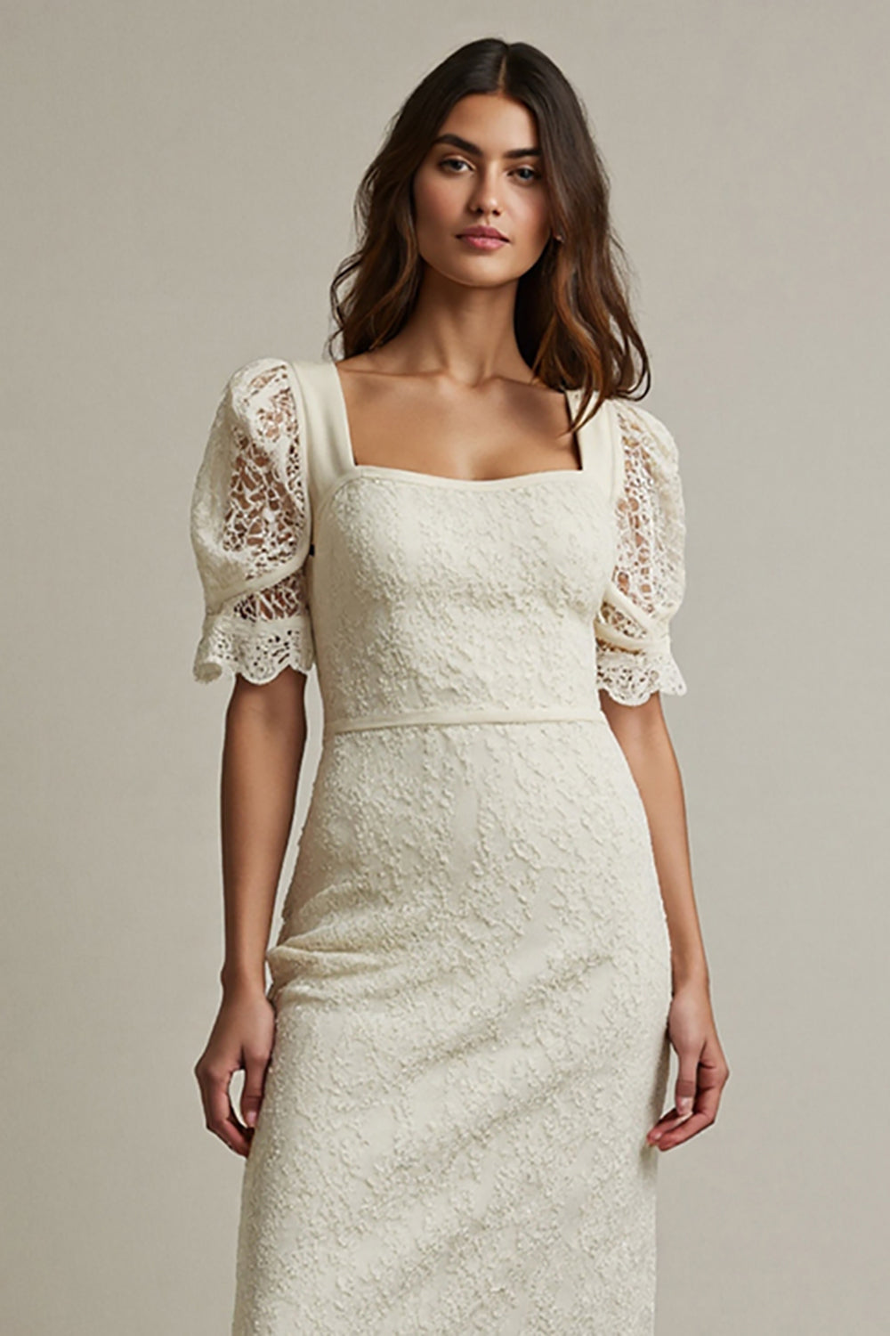 Apricot Lace Square Neck Pencil Maxi Work Dress