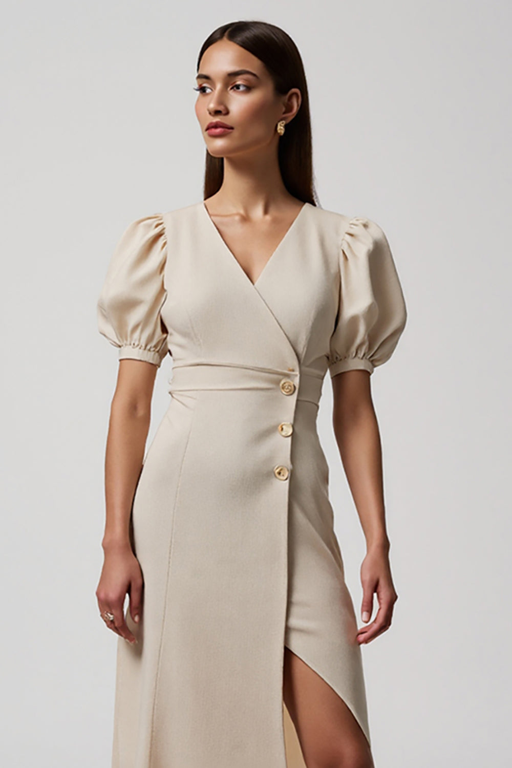 Ivory V-Neck Puff Sleeves Maxi Work Dress with Slit