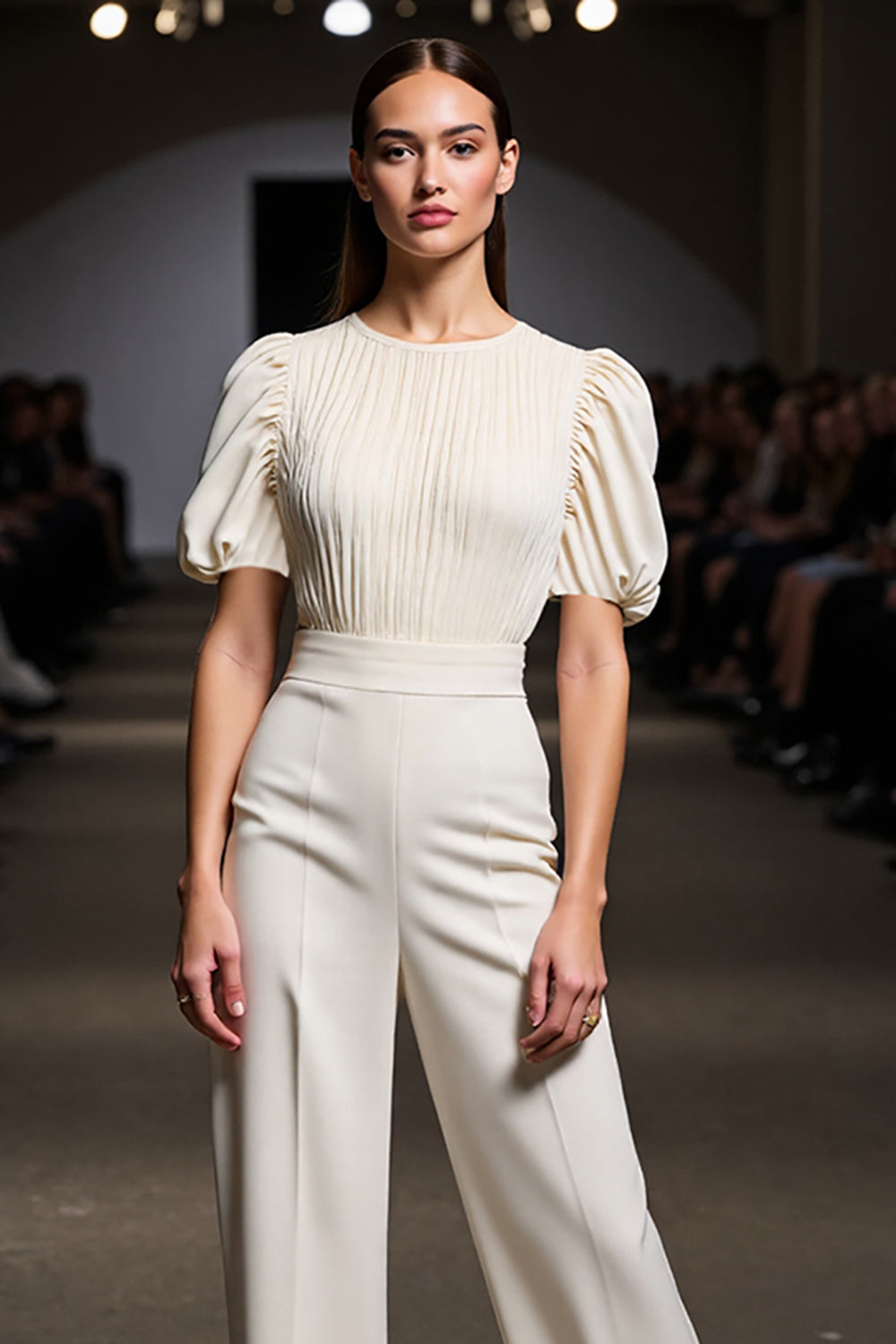 2 Piece Ivory Round Neck Pantsuits with Puff Sleeves