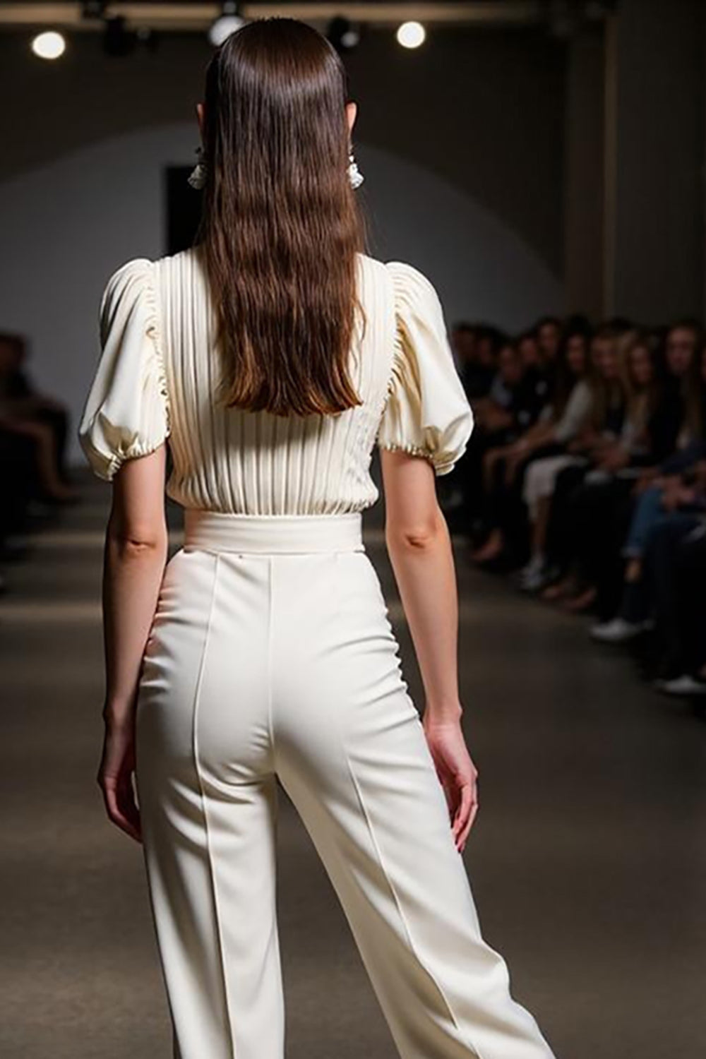 2 Piece Ivory Round Neck Pantsuits with Puff Sleeves