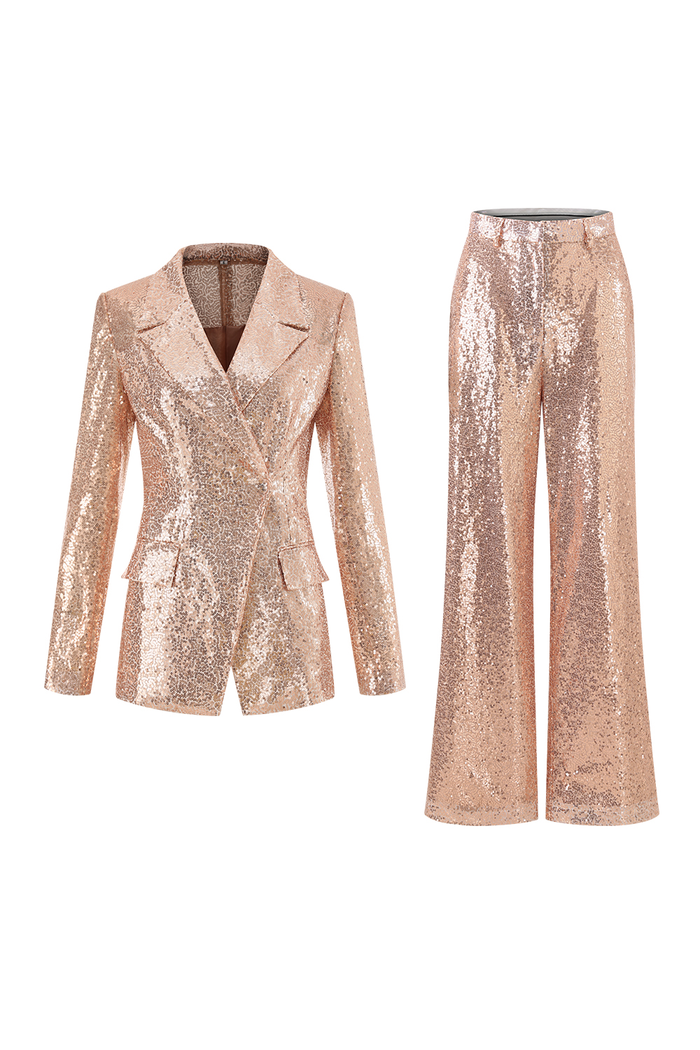Sparkly Golden Wide Leg Notched Lapel 2 Piece Women Suits