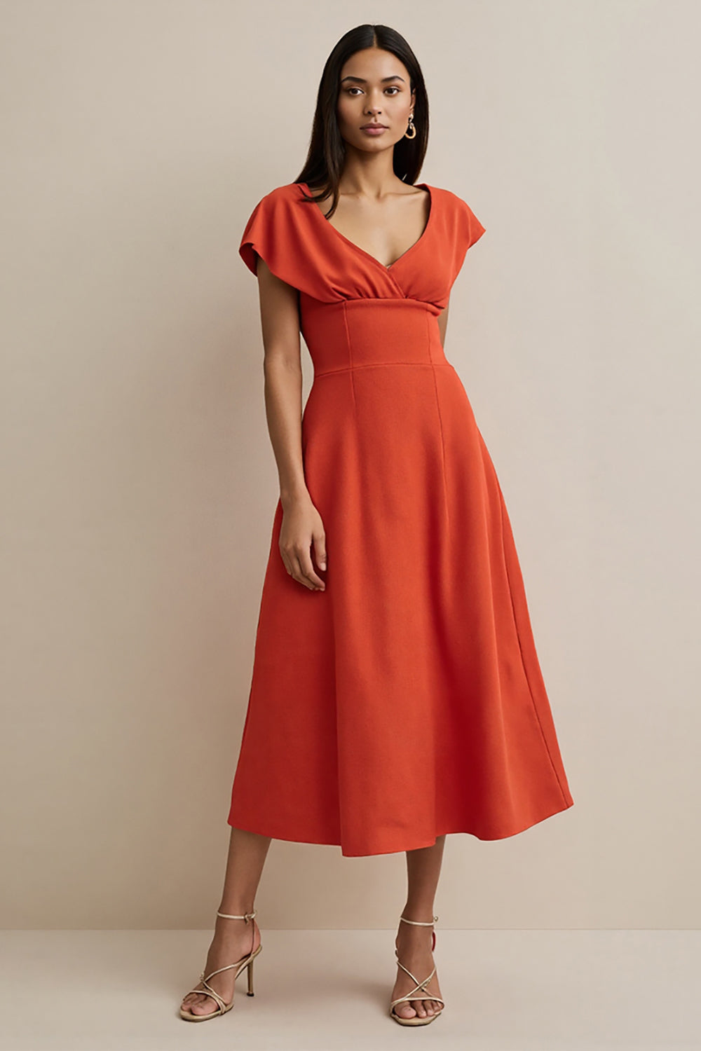 Simple Orange Satin A Line V-Neck Midi Work Dress