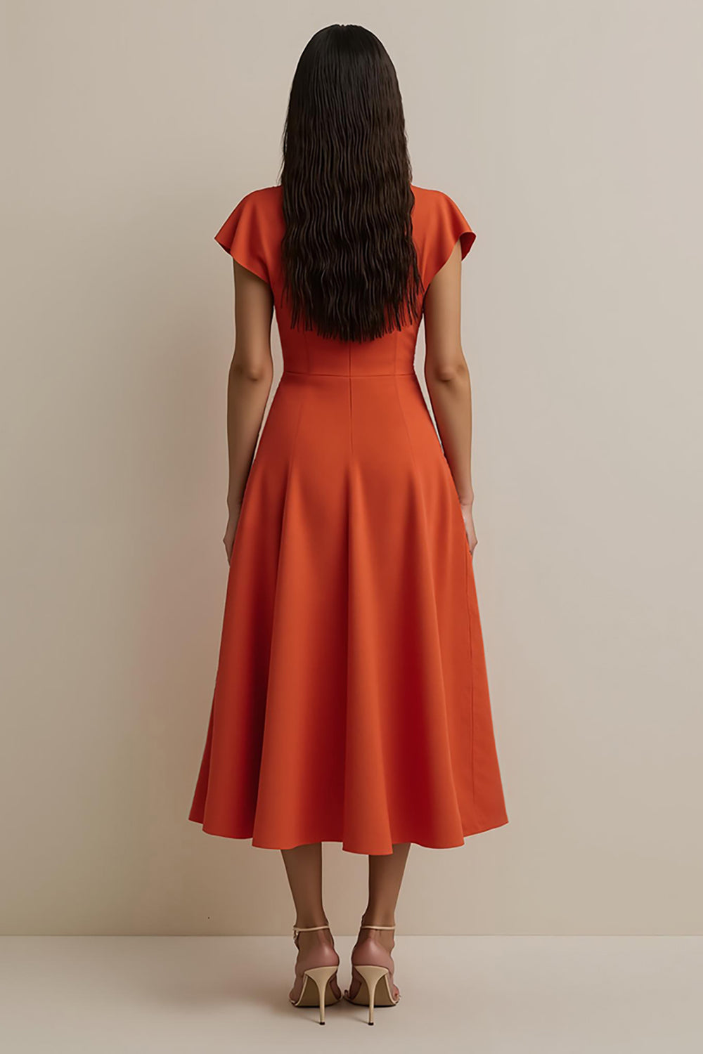 Simple Orange Satin A Line V-Neck Midi Work Dress