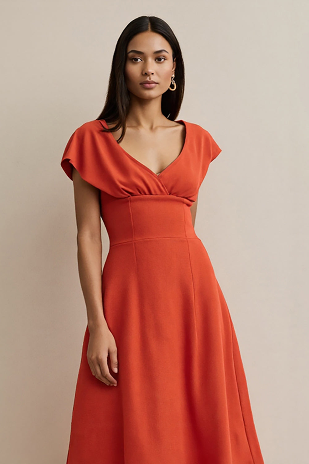 Simple Orange Satin A Line V-Neck Midi Work Dress