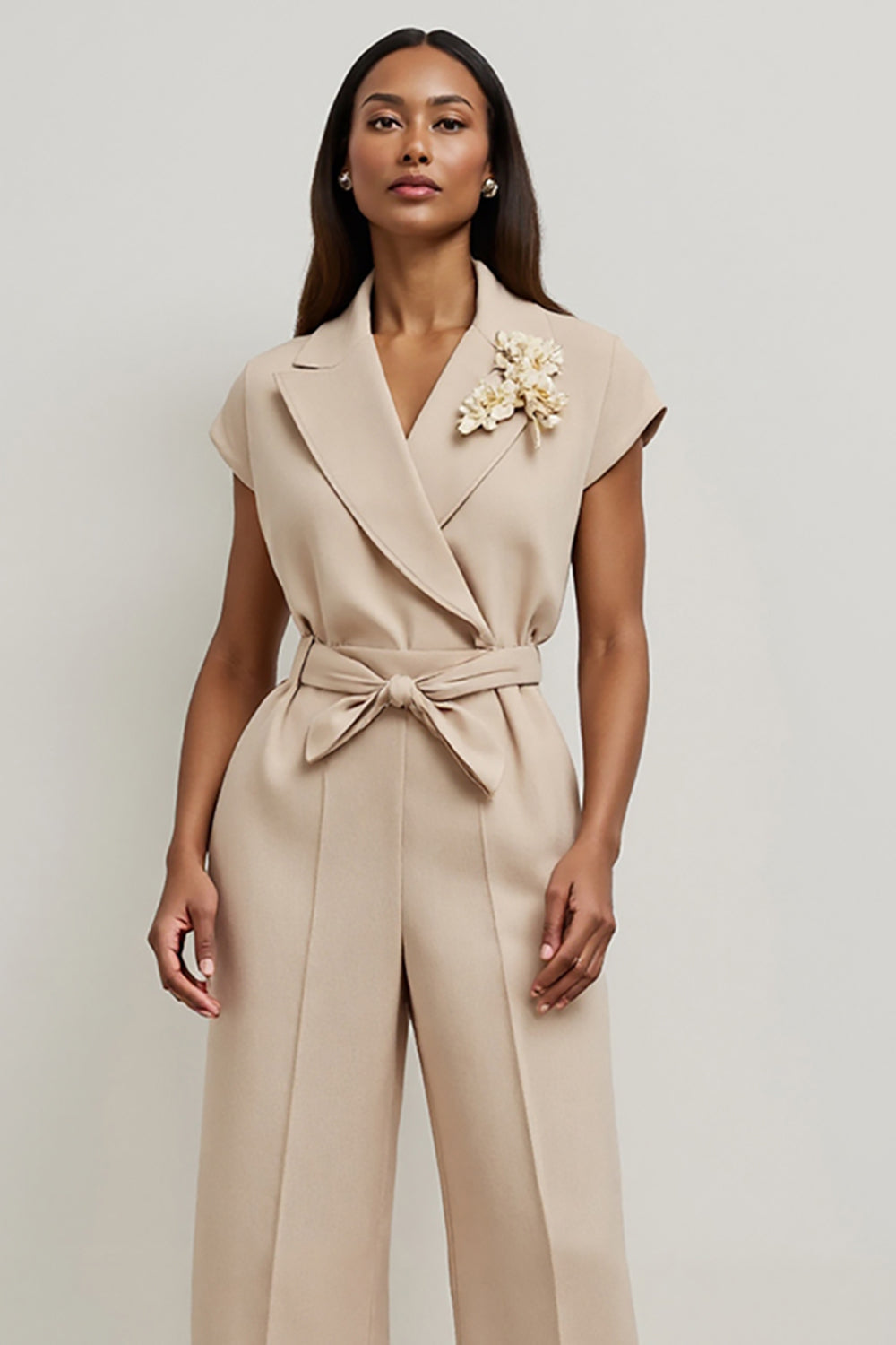 Khaki Notched Lapel Satin Work Jumpsuits with Sash