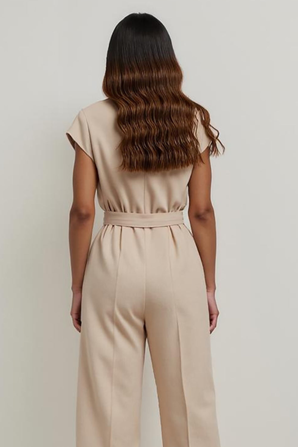 Khaki Notched Lapel Satin Work Jumpsuits with Sash