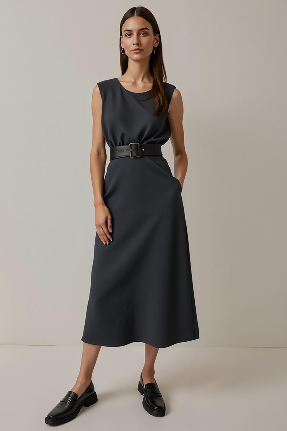 Navy Pencil Satin Round Neck Midi Work Dress with Pockets