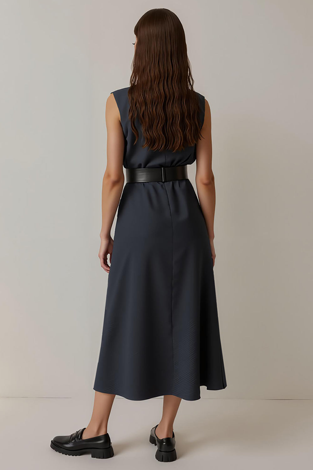 Navy Pencil Satin Round Neck Midi Work Dress with Pockets