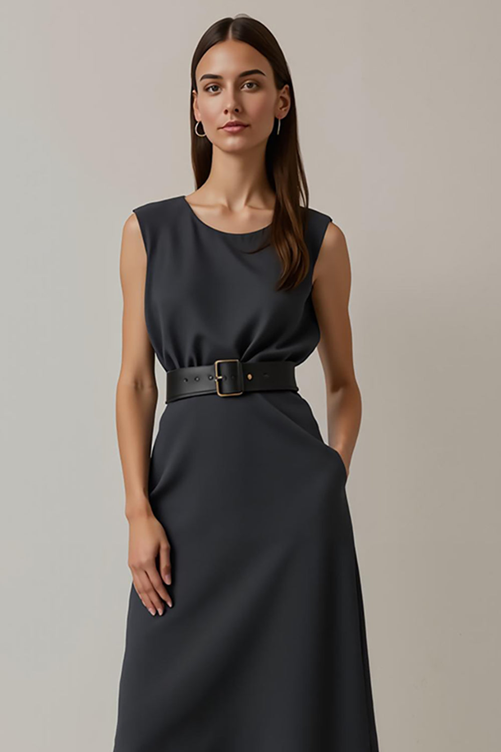 Navy Pencil Satin Round Neck Midi Work Dress with Pockets