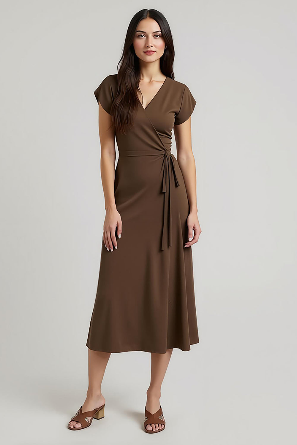 Simple Brown V-Neck Cap Sleeves Midi Work Dress with Sash