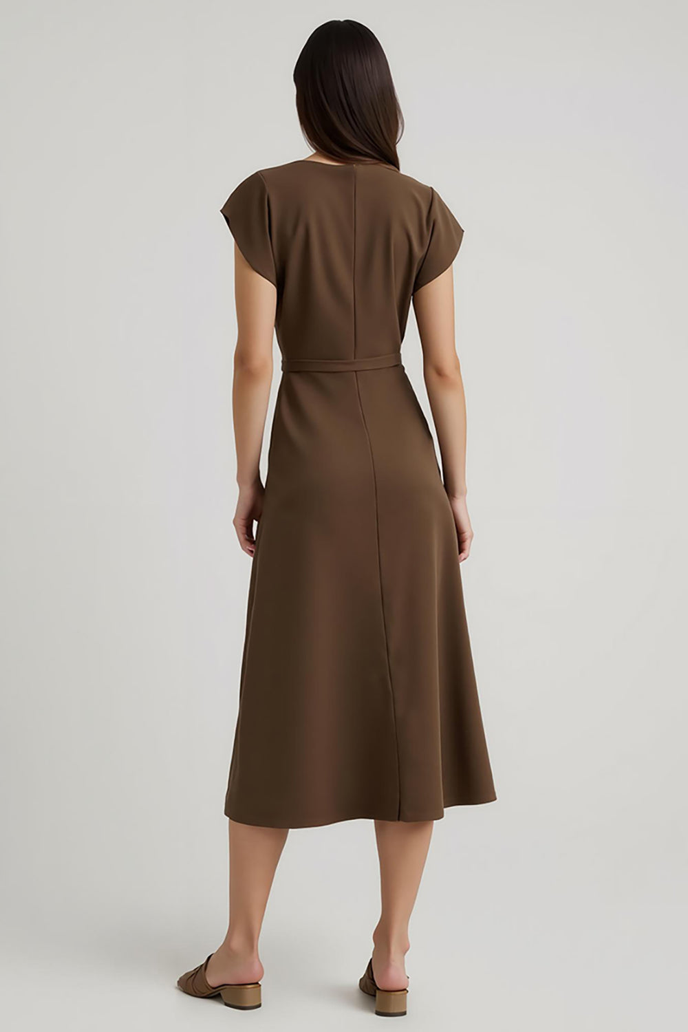 Simple Brown V-Neck Cap Sleeves Midi Work Dress with Sash