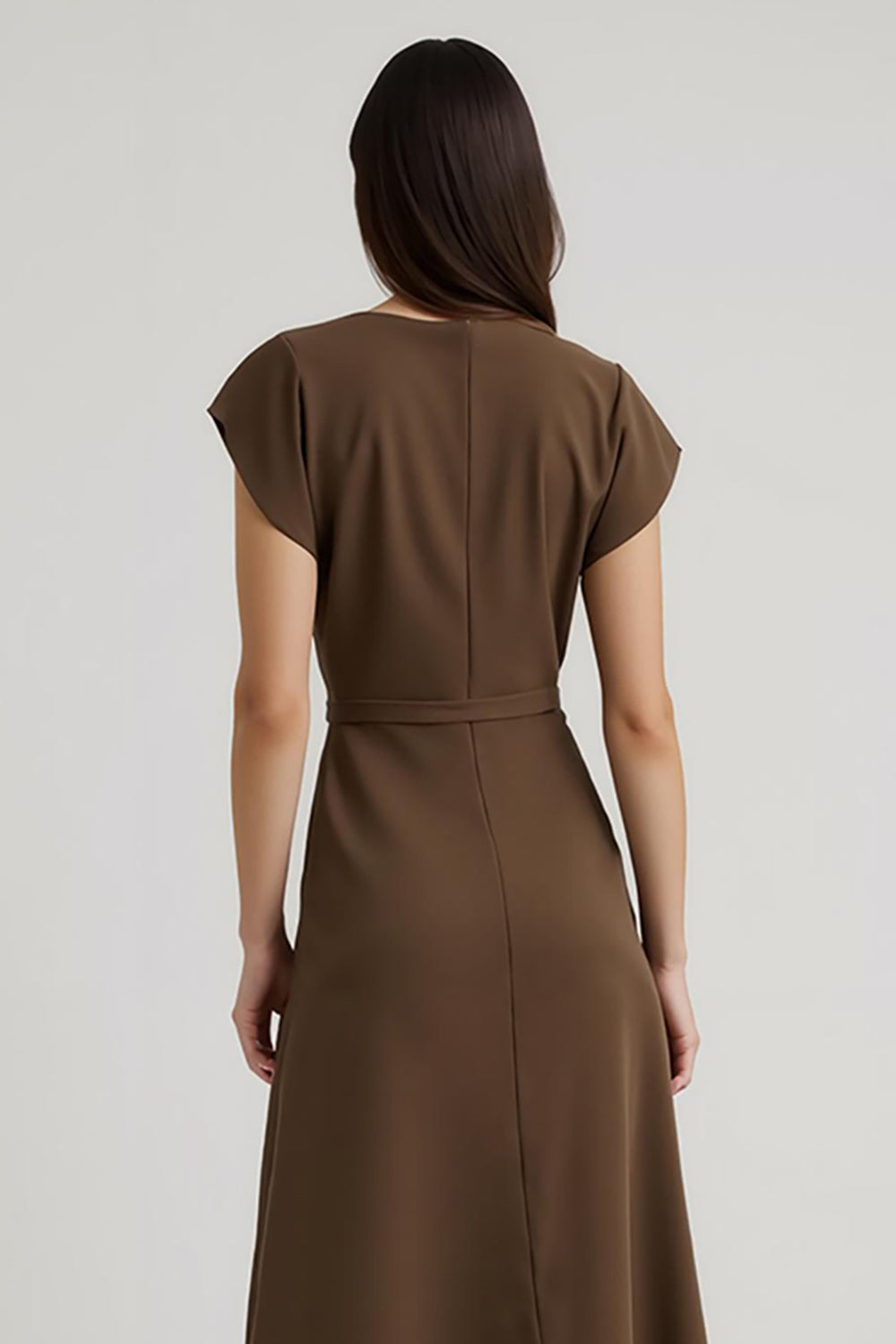 Simple Brown V-Neck Cap Sleeves Midi Work Dress with Sash