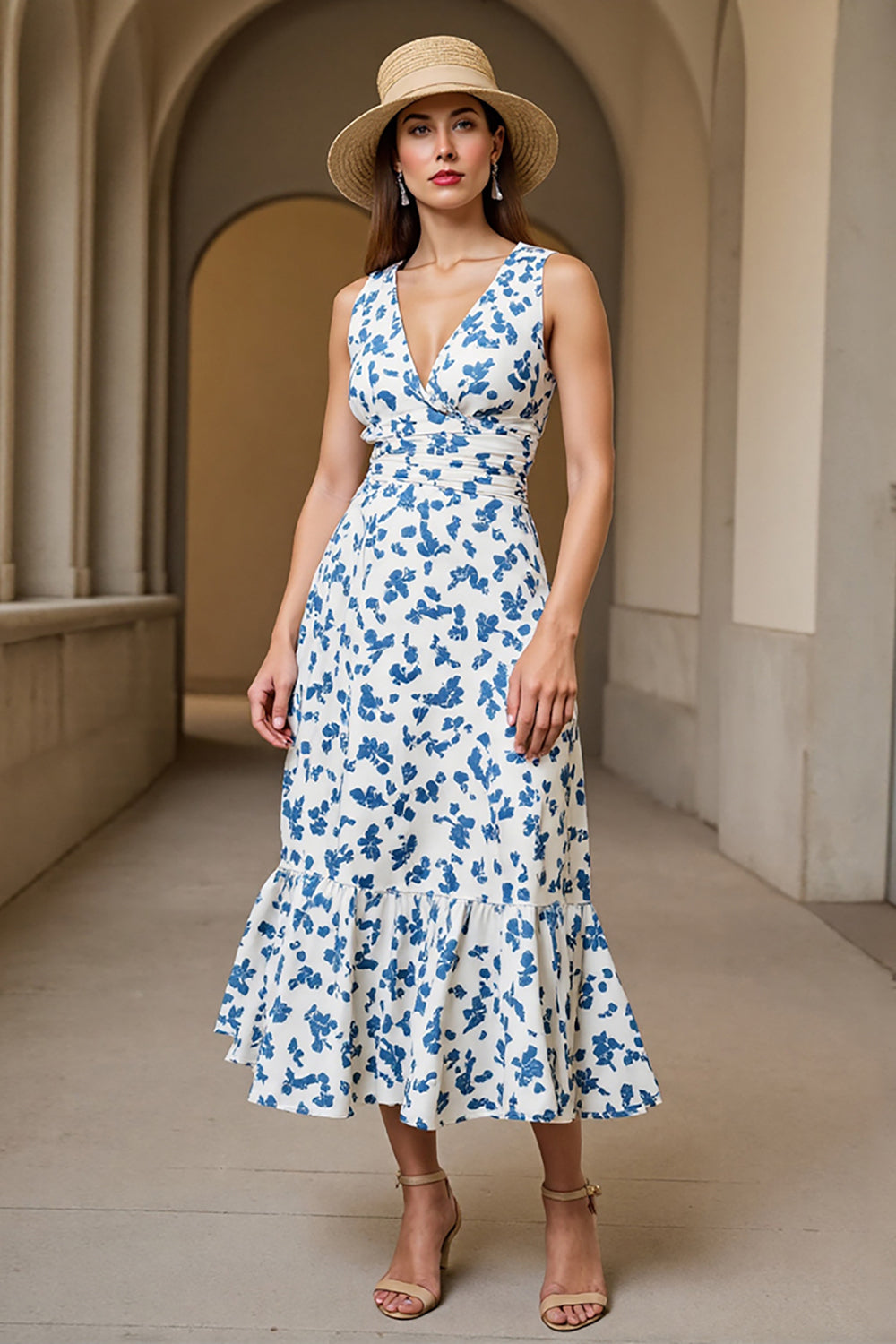 Floral Printed White Blue V-Neck A Line Long Wedding Guest Dress