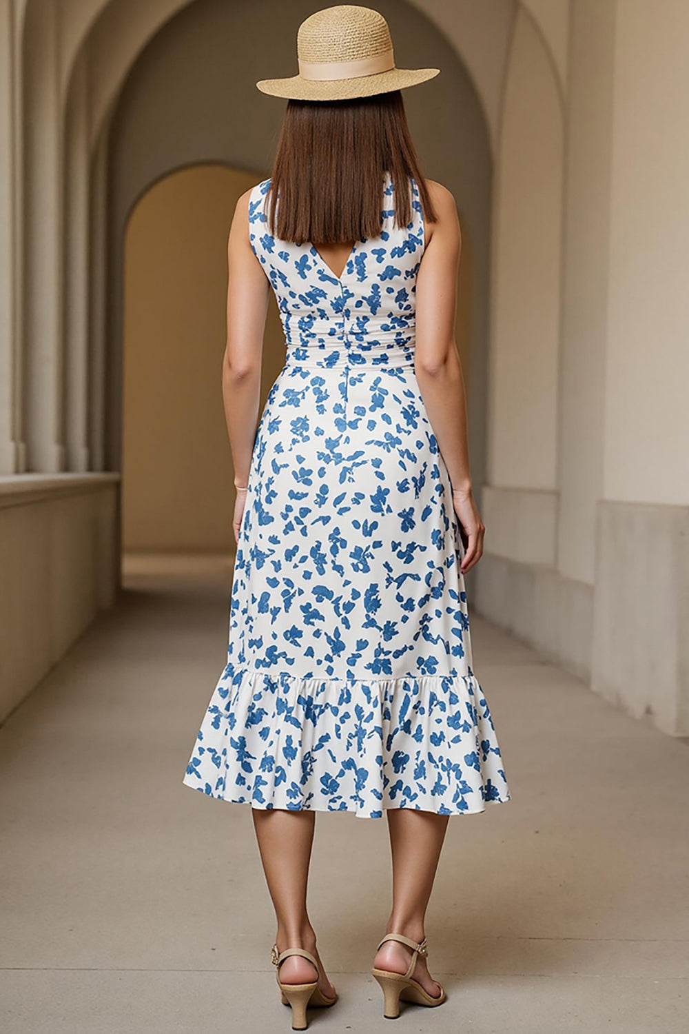 Floral Printed White Blue V-Neck A Line Long Wedding Guest Dress