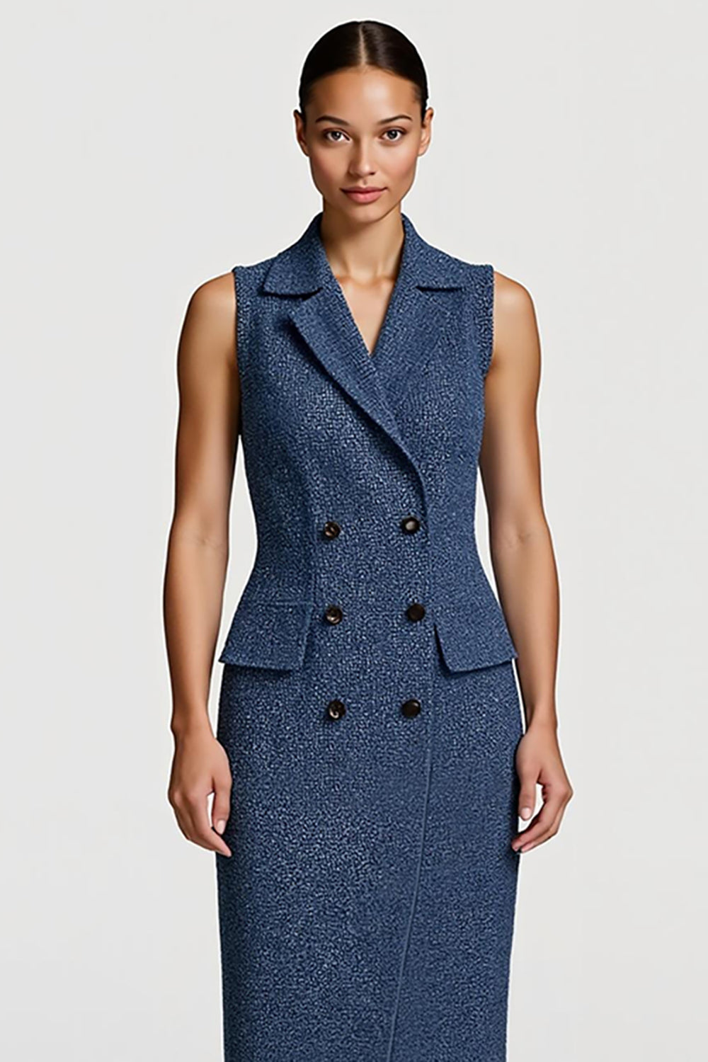 Grey Blue Notched Lapel Pencil Tweed Midi Blazer Dress with Buttons