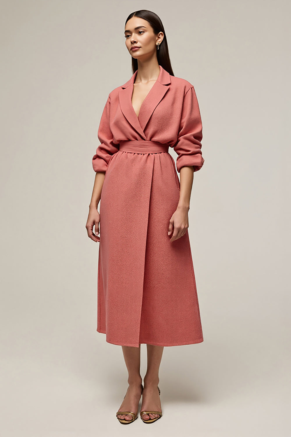 Coral A Line Satin Notched Lapel Midi Work Blazer Dress