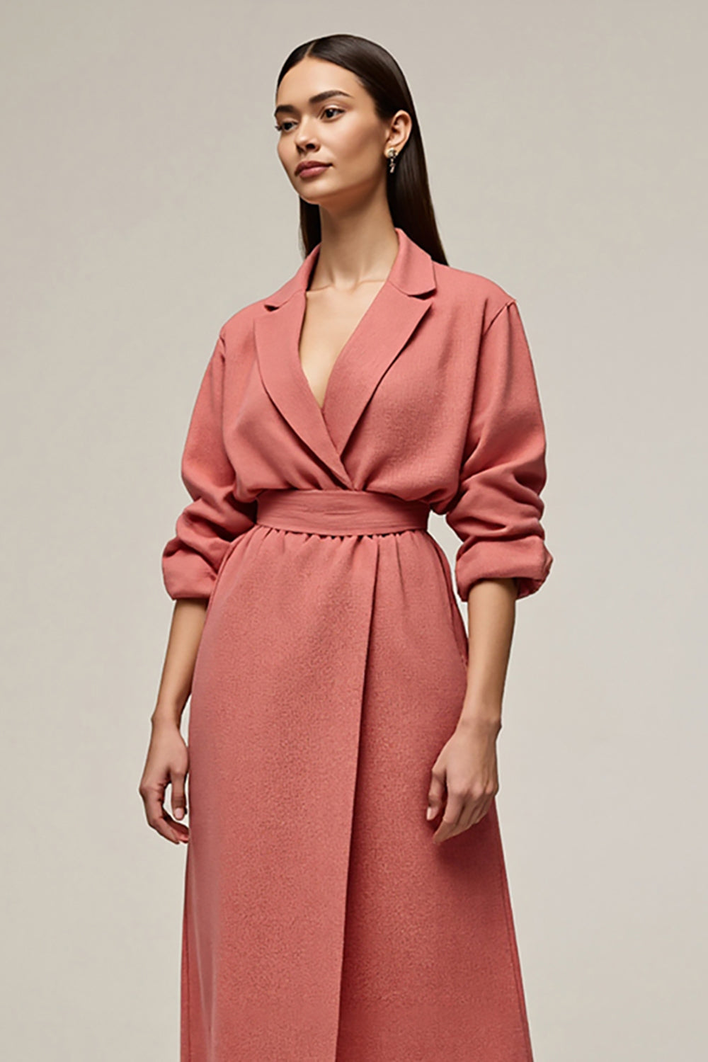 Coral A Line Satin Notched Lapel Midi Work Blazer Dress