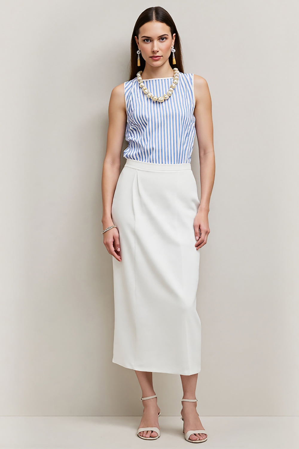 2 Piece White Blue Pencil Bateau Blouses and Skirt with Slit