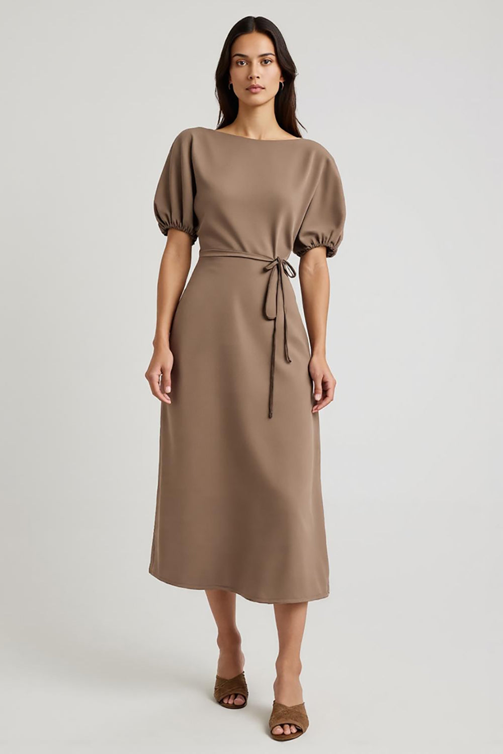 Coffee Pencil Satin Bateau Midi Work Dress with Sash
