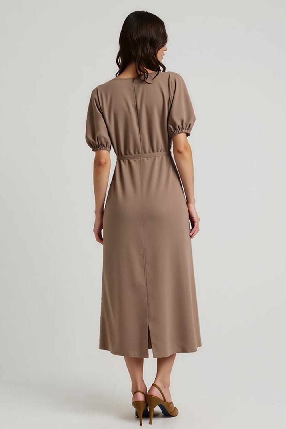 Coffee Pencil Satin Bateau Midi Work Dress with Sash