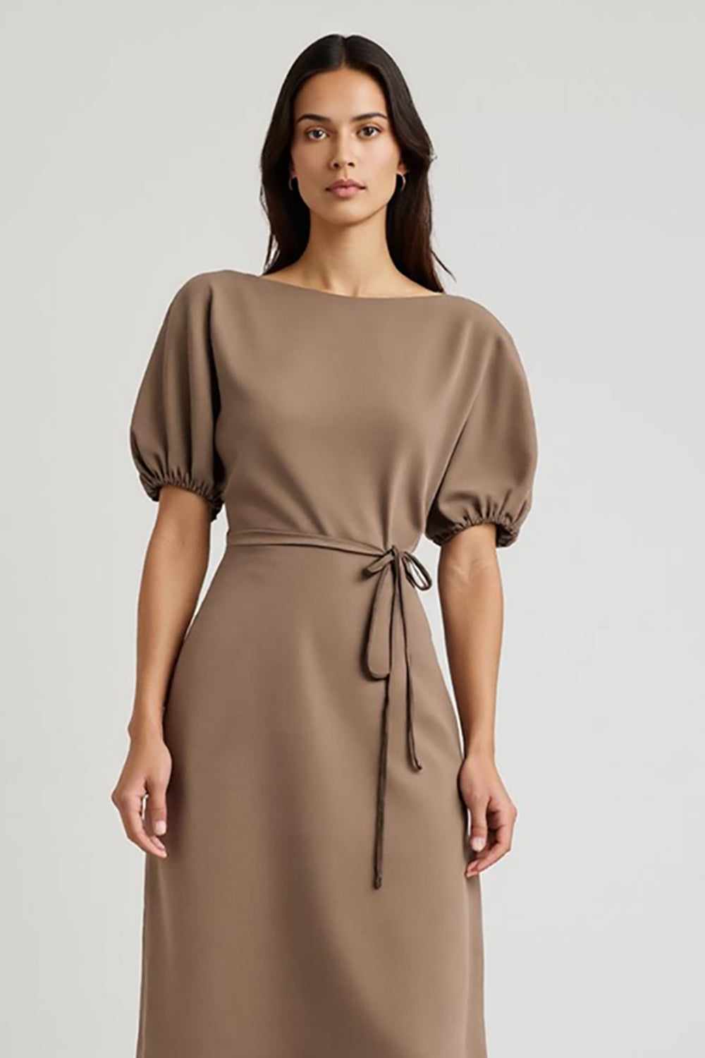Coffee Pencil Satin Bateau Midi Work Dress with Sash